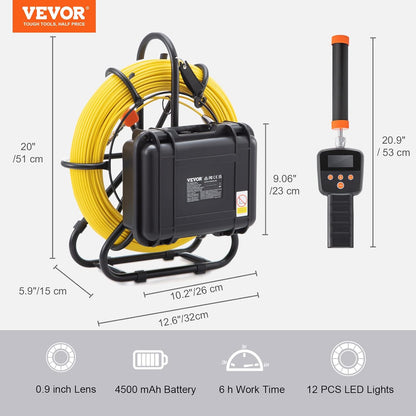 VEVOR Inspectiecamera, 9 inch, 50 m, buiscamera, 720p, kanaalcamera, 512 Hz, endoscoopcamera, 12 V, 4500 mAh lithiumbatterij, 6 uur, buisinspectiecamera, IP68, voor rioleringen, rioleringen,