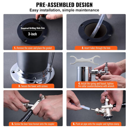 VEVOR Kegerator Tower Kit, Bierconversiekit met één tik, roestvrijstalen vaatje biertorendispenser met dubbele meter W21.8-regelaar en S-systeemvatkoppeling voor feesthuis