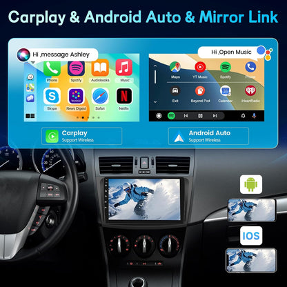 9 Inch Android Car Radio for Mazda 3 2009-2013 with Wireless CarPlay & Android Car, 2G+64G Stereo with Screen, EQ DSP, WiFi, FM RDS, GPS, Bluetooth, Steering Wheel Control+Reversing Camera, MIC