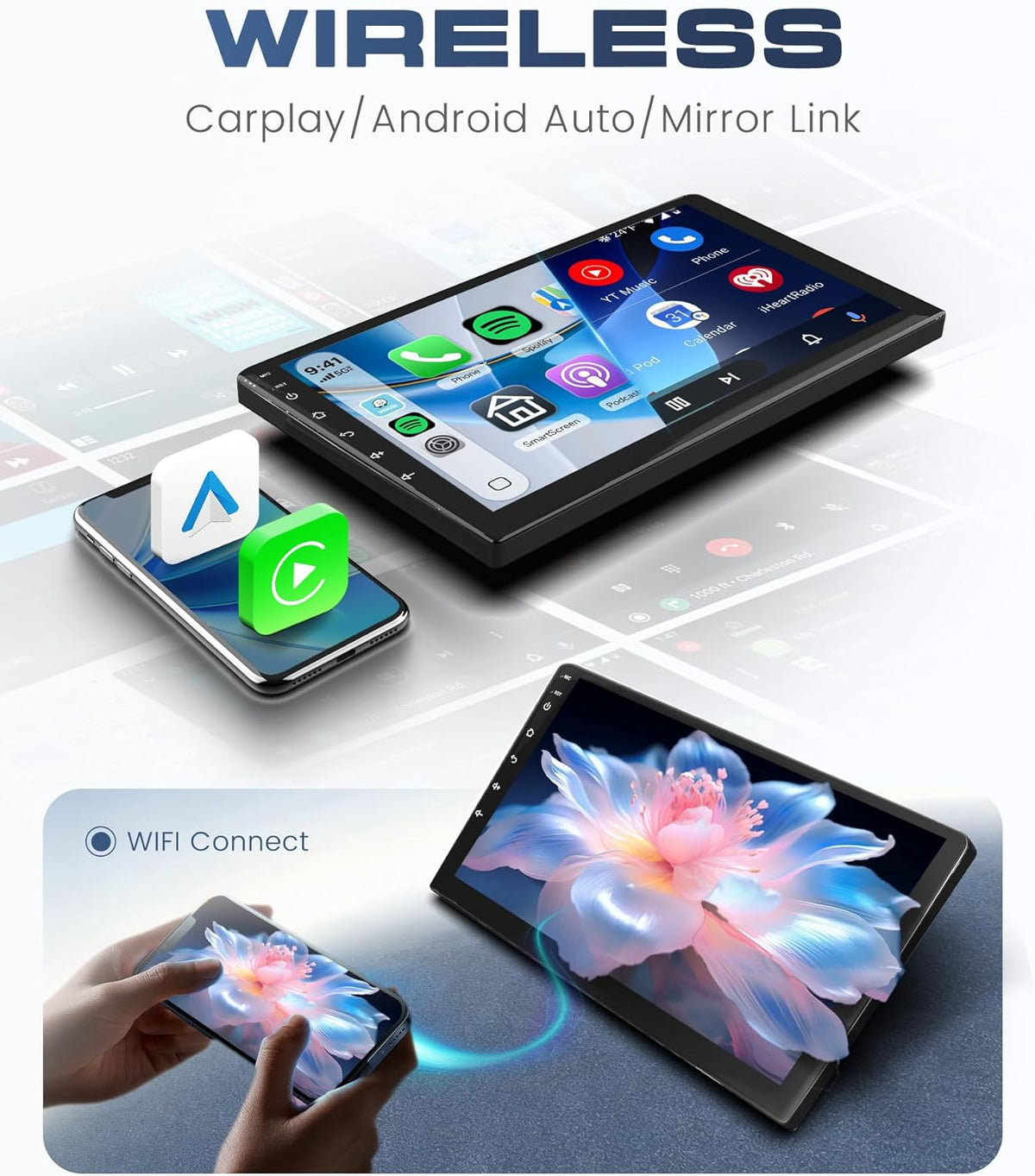 Autoradio, 6G + 128G, 8 Core, Android, 2 Din, 9 inch touchscreen met Carplay Android auto, draadloos, Bluetooth FM/RDS/EQ/DSP, wifi, GPS, 360° panoramisch zicht, stuurbediening, achteruitrijcamera