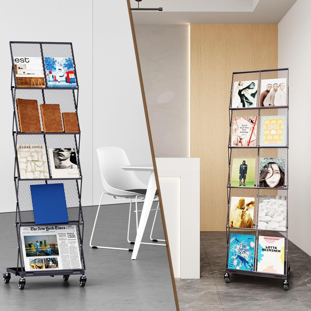 Tijdschriftenstandaard – Brochurestandaard – Folderstandaard – Folderrek – Tijdschriftenrek – Verrijdbaar Opvouwbaar Vloermodel Met Wielen – 5 Lagen – Verstelbare Hoogte En Kijkhoek