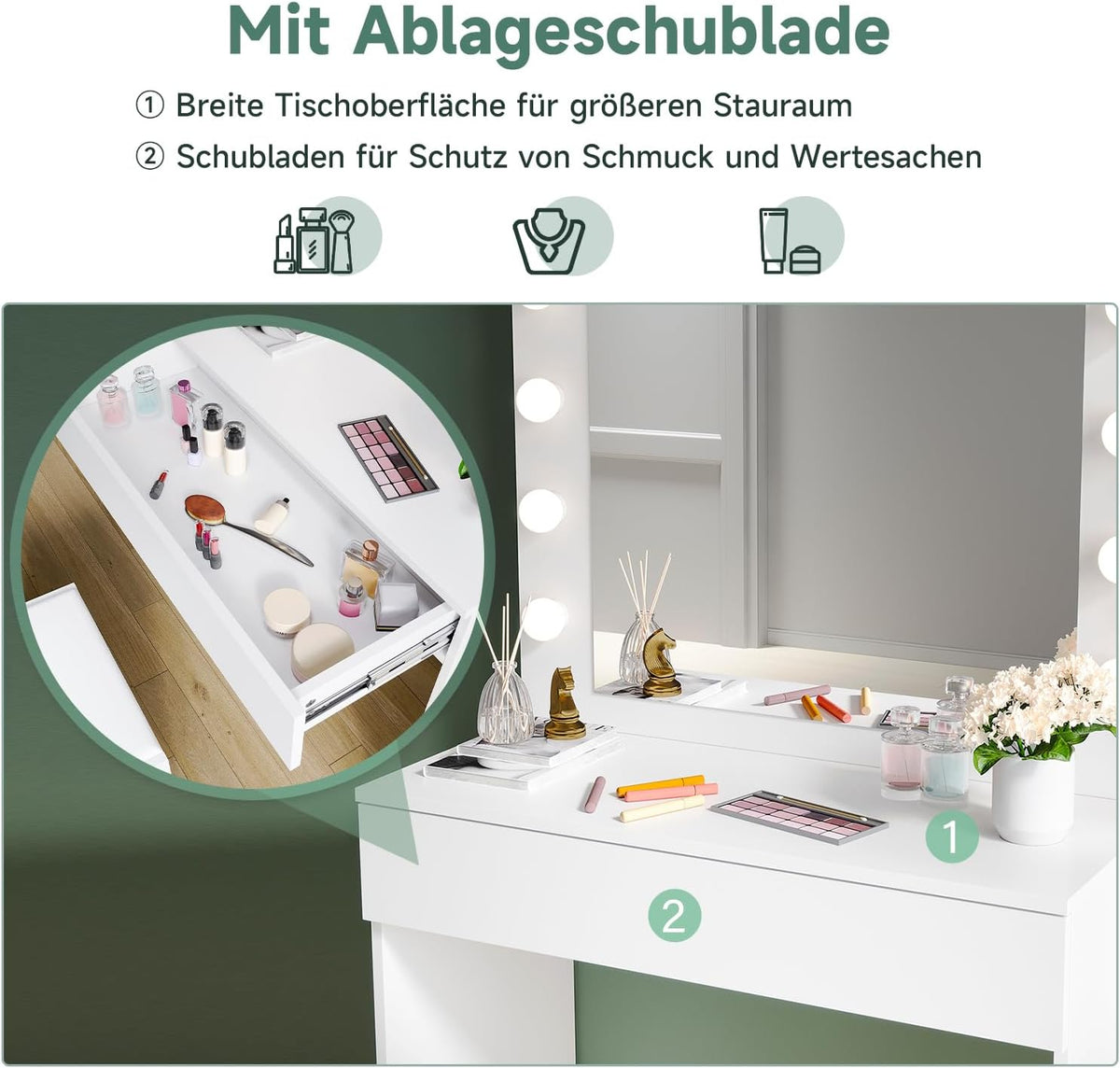 Make-uptafel – Kaptafel – Schminktisch – Make-up Spiegeltafel – Slaapkamermeubel – Verlichte Spiegel Met 12 Dimbare LED-Lampen – Ruime Lade Met Zachte Ladegeleiders