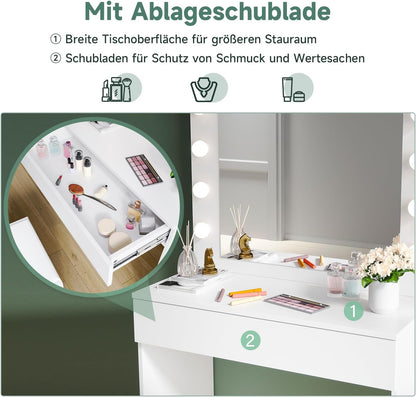 Make-uptafel – Kaptafel – Schminktisch – Make-up Spiegeltafel – Slaapkamermeubel – Verlichte Spiegel Met 12 Dimbare LED-Lampen – Ruime Lade Met Zachte Ladegeleiders