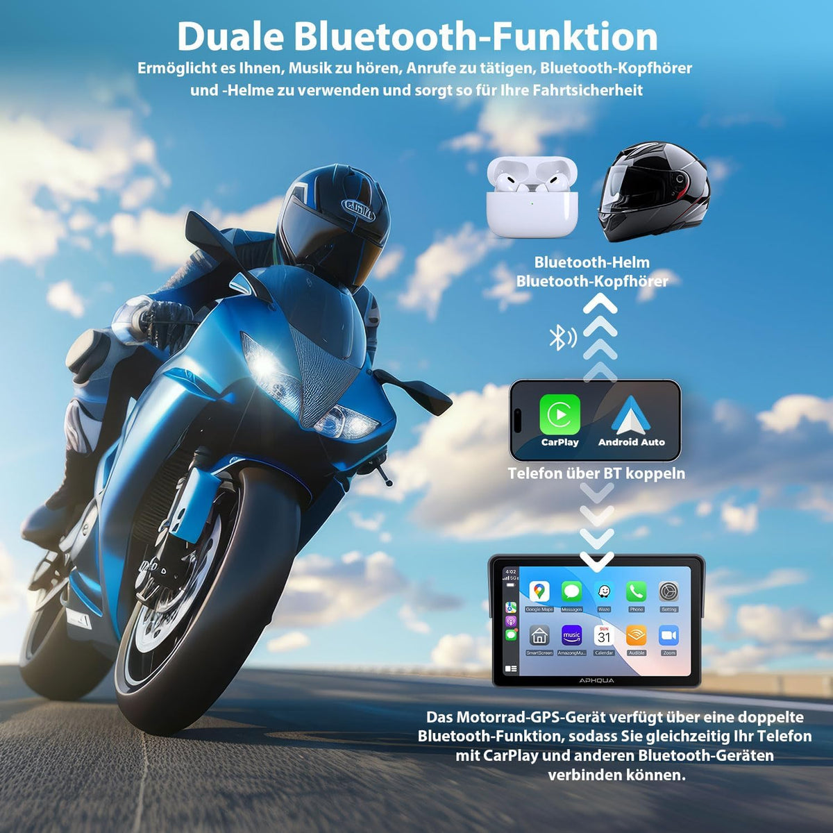 CarPlay draadloos scherm voor motorfiets, 7 inch waterdicht touchscreen, draagbaar CarPlay en Android Auto voor motorfiets, ondersteunt Bluetooth Trans, GPS-navigatie, Siri, handsfree - 722