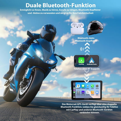 CarPlay draadloos scherm voor motorfiets, 7 inch waterdicht touchscreen, draagbaar CarPlay en Android Auto voor motorfiets, ondersteunt Bluetooth Trans, GPS-navigatie, Siri, handsfree - 722