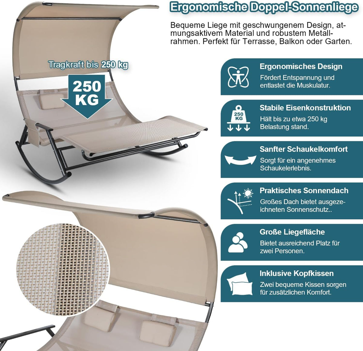 Outdoor Double Lounger Sun Lounger for 2 People with Sun Canopy Bag Double Rocking Chair up to 250 kg Breathable Fabric Versatile Choice of Colours for Garden, Balcony, Patio (Beige) - QUORE
