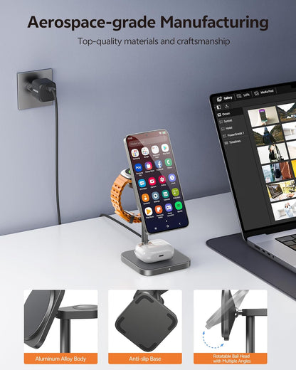 LULULOOK Inductief laadstation voor Samsung, aluminium 3-in-1 draadloze oplader voor Samsung S25 Ultra/S24/S23/Z/Note, draadloze oplader voor Galaxy Watch Ultra 7/6/5/4/3, Galaxy Buds (grijs)