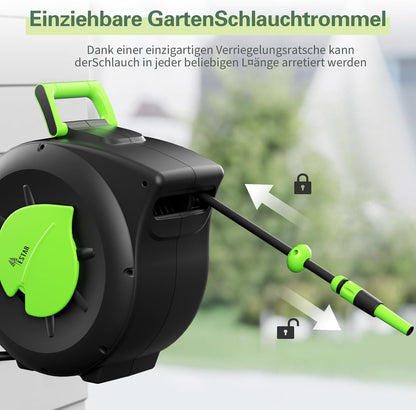 Slanghaspel, 30 m + 2 m, wandmontage, slanghaspel met oprolmechanisme, 180 graden draaibaar, inclusief spuit en montagehulp, voor tuinirrigatie en autowassen