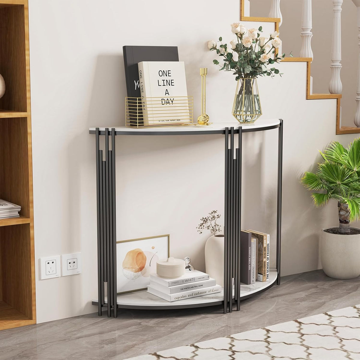 Halve maan consoletafel gang: 2-laags witte marmeren tafels 100x30x78cm Halve cirkel hal tafel gesinterde stenen ingangstafel moderne bank bijzettafel voor veranda, woonkamer, entree