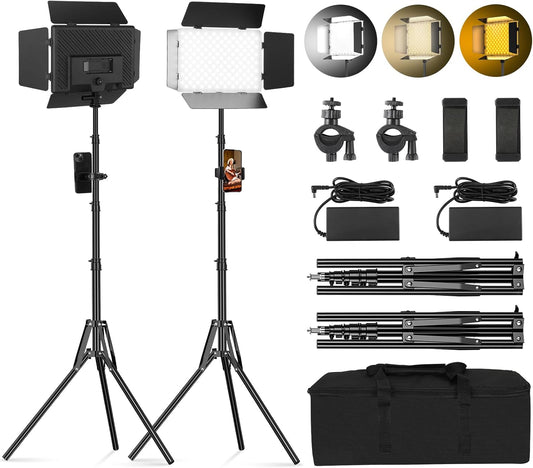 Soonpho Set van 2 LED foto-videolampen paneel met barn doors 2800-6500K dimbaar 20W licht fotografie studio videoverlichting met 1,6m statief en mobiele telefoon houder voor video YouTube live