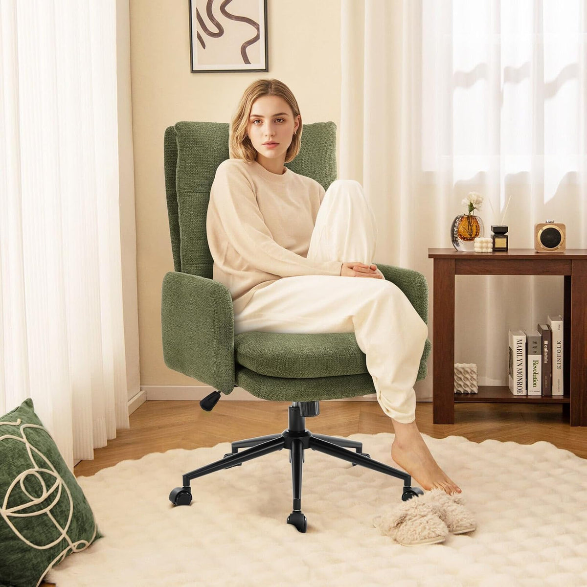 Bureaustoel – Bureaustoel Met Wieltjes – Bureaustoel Met Armleuningen – Ergonomische Bureaustoel – Draaibare Bureaustoel – Hoge Rugleuning – Verstelbare Zithoogte – Pluche Cashmere Bekleding Groen