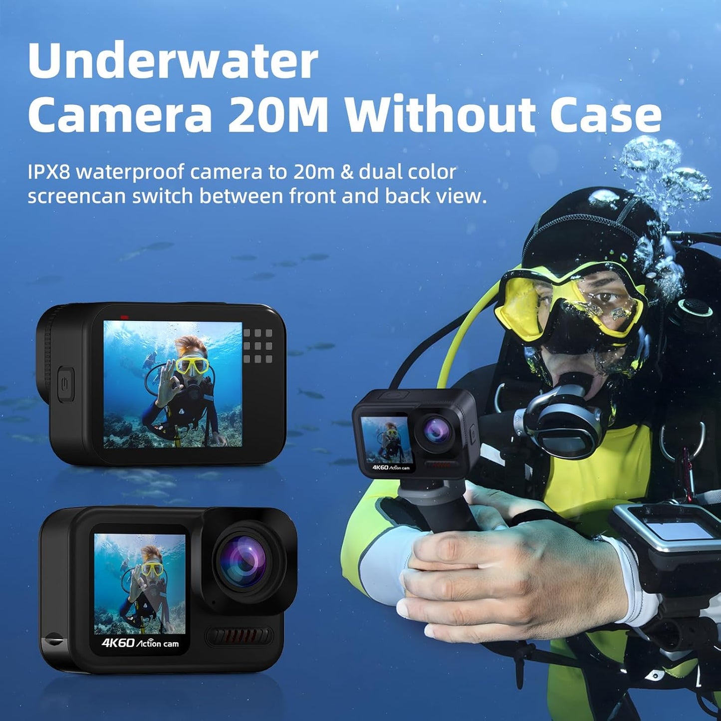 4K60fps Touchscreen Action Cam, onderwatercamera met 64G SD-kaart, 48MP wifi-camera, 8x zoom, helmcamera met 6-assige stabilisatie, sportcamera met 2 x 1350 mAh accu's, helmhouder, accessoirekit
