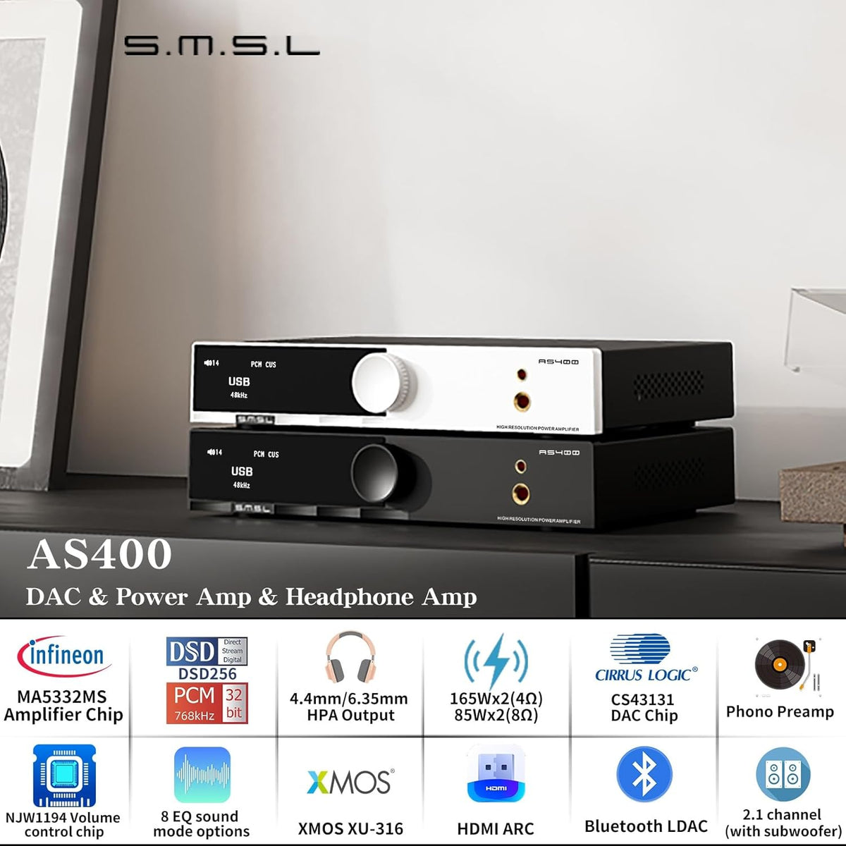 SMSL AS400 versterker DAC hoofdtelefoonversterker 165 W x2 2.1 kanalen MA5332MS MM Phono Amp Bluetooth 5.1 CS43131 MQA CD DAC voorversterker 4,4 mm / 6,35 mm RCA/BT/USB/Opt/Coax/Phono