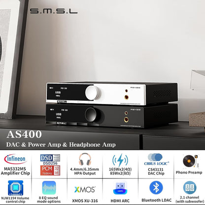 SMSL AS400 versterker DAC hoofdtelefoonversterker 165 W x2 2.1 kanalen MA5332MS MM Phono Amp Bluetooth 5.1 CS43131 MQA CD DAC voorversterker 4,4 mm / 6,35 mm RCA/BT/USB/Opt/Coax/Phono