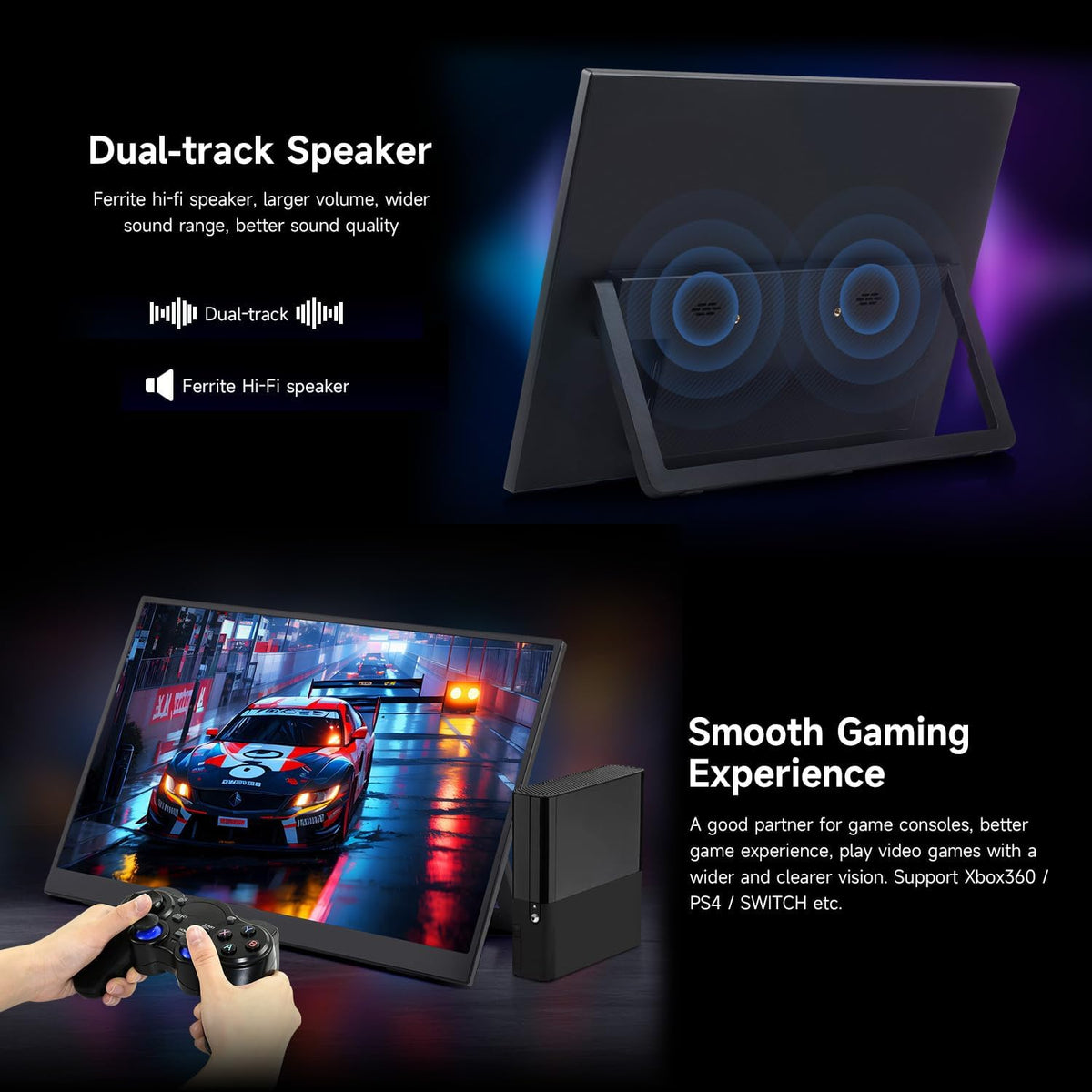 LUCKFOX 14" Portable Monitor with Stand - Plug&Play 1920x1200 WUXGA FHD Ultra Thin/Light USB-C HDMI Second Monitor 178° Viewing Dual-Track HiFi Speaker for Raspberry Pi/Jetson/PC/Game Console/Phone - QUORE