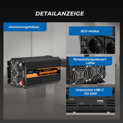 EDECOA 12 V 230 V omvormer, 2500 W/5000 W, 12 V naar 230 V, zuivere sinusgolf, omvormer met wifi-module, ondersteuning voor app-functies met 1 USB-poort en 1 PD-aansluiting