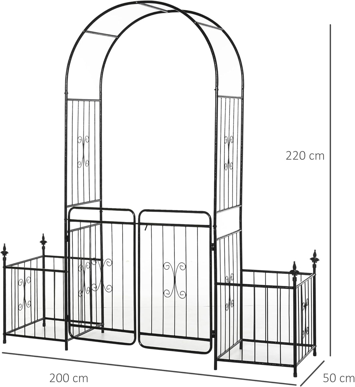 Outsunny Metal Garden Arbor Arch with Double Doors, 2 Side Planters, Climbing Vine Frame, Black - QUORE