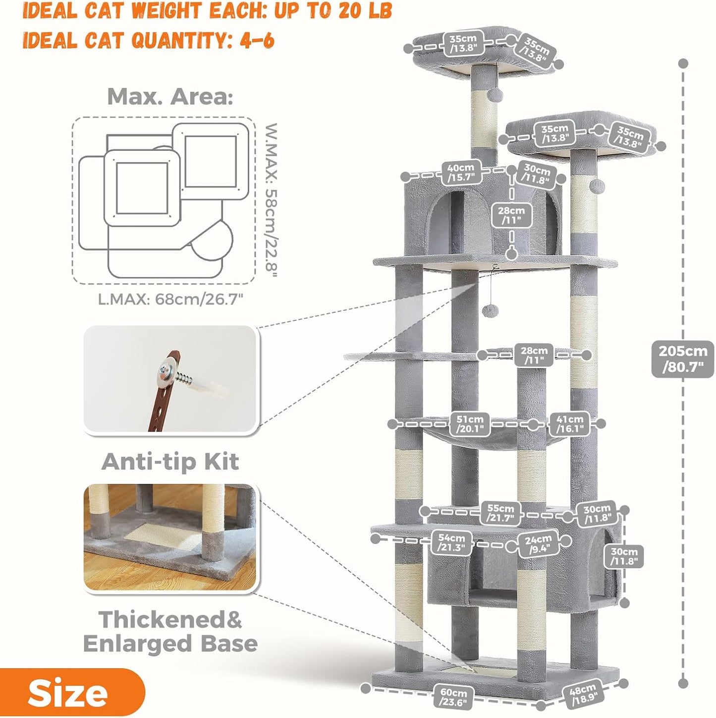 PAWZ Road Heavy Duty Cat Tree for Large Cats, 80 Inch Tall Cat Tower with 2 Perches, 2 Apartments and Spacious Hammock, Large Apartment with 7 Scratching Posts for 20 lb+ Adult Cats, 205 cm - QUORE