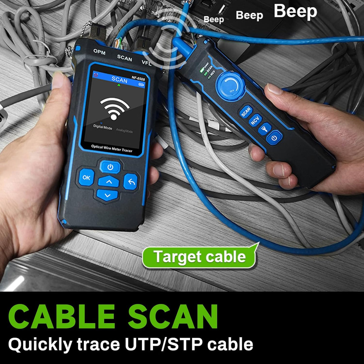 Netwerktester LAN tester met optische vermogensmeter CAT5 CAT6 netwerkkabeltester RJ11 RJ45 ethernet tester kabeltracking met NCV, poort flash, type C laadondersteuning.