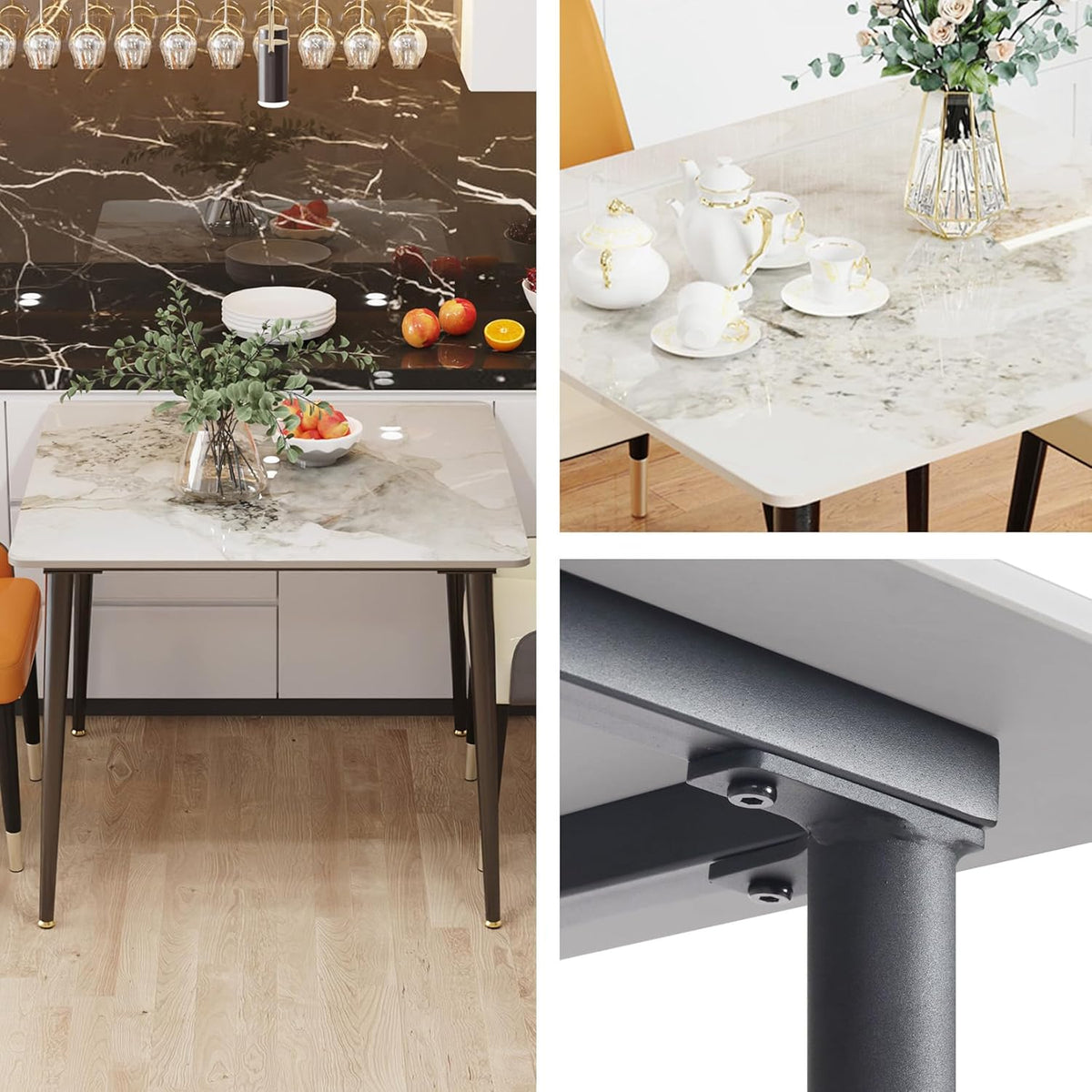 FATIVO Eettafel, kleine keukentafel, marmer voor 2 personen, eetkamertafel, eenvoudig, woonkamer, eettafel, hoogglans, tafels voor eetkamer, restaurant, metalen tafelpoten, 80 x 80 cm, Scandinavisch