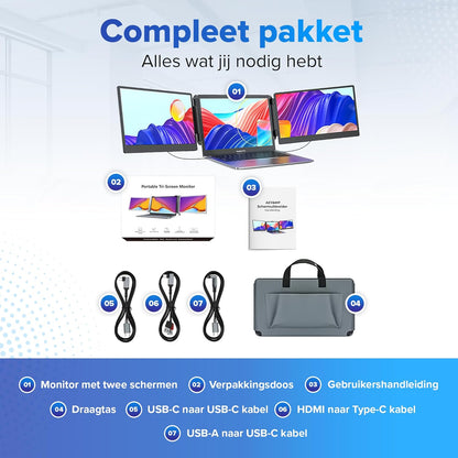 Tri-Screen - Portable Monitor - 14 Inch Full HD - Extra Monitor Laptop - Portable Monitor - Portable Screen for Laptop - Tri-screen - Carrying Case Included - QUORE