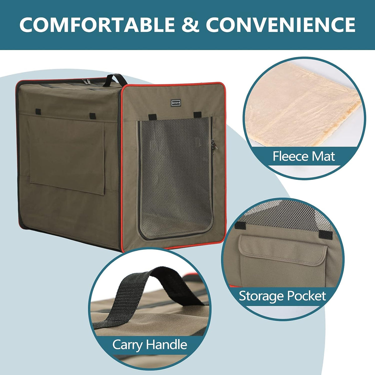 Petsfit Hondenbox, opvouwbaar, met 3 cm dikke pluchen mat, draagbare transportbox voor honden, hondentransportbox voor grote honden, geschikt voor binnen en buiten, bruin, L 79 x 53,5 x 66 cm