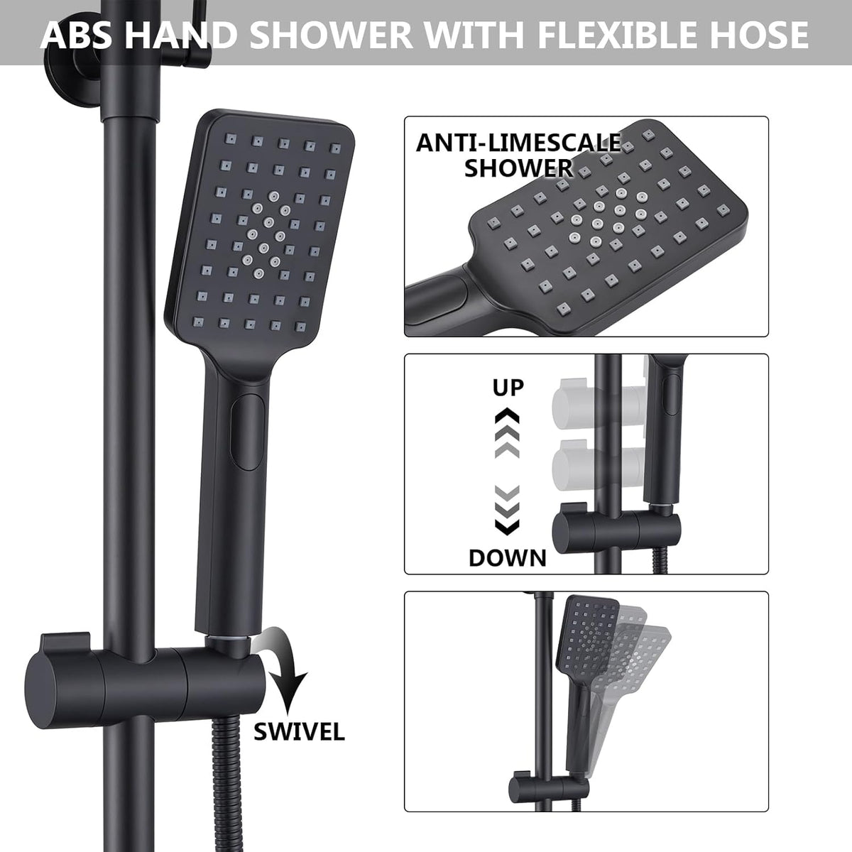 Douchesysteem met thermostaat, regendouche, doucheset, roestvrij stalen douchezuil met douchekop en handdouche, verstelbare douchestang, 960-1245 mm, complete douche-set voor badkamer, zwart