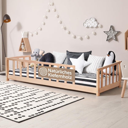Vloerbed 140x200 met valbescherming incl. lattenbodem voor jongens en meisjes - ook als kinderbed 90x200 - duurzaam kinderbed van grenenhout - Montessori bed (natuur, 140 x 200 cm)