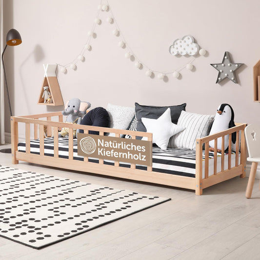 Vloerbed 140x200 met valbescherming incl. lattenbodem voor jongens en meisjes - ook als kinderbed 90x200 - duurzaam kinderbed van grenenhout - Montessori bed (natuur, 140 x 200 cm)