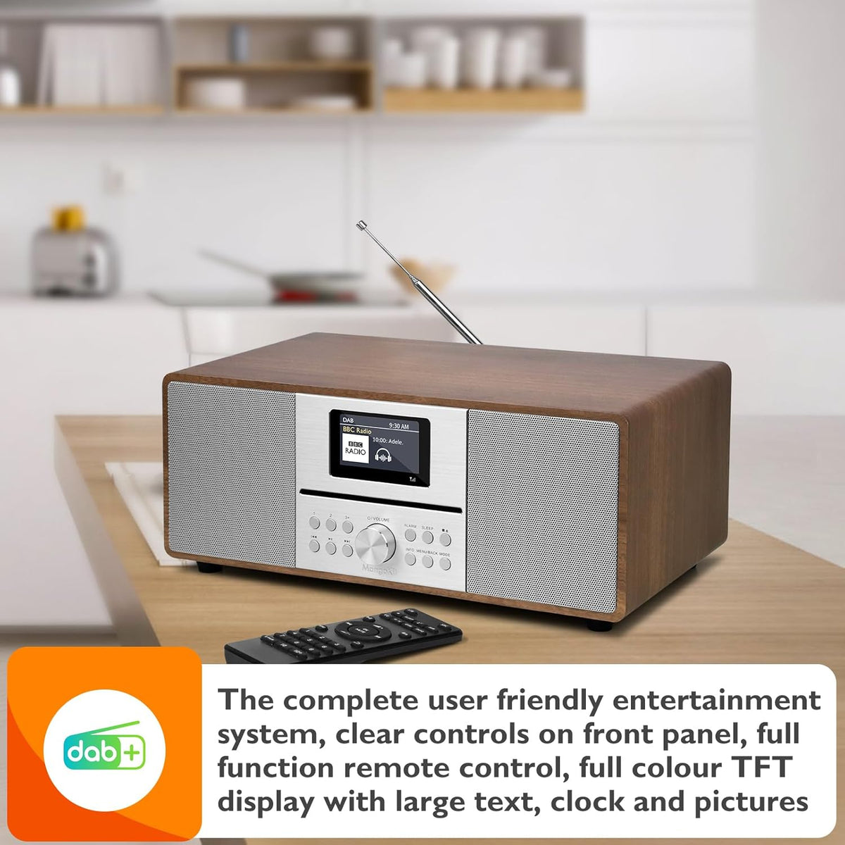 MS4 CD-speler DAB Radio Hifi Systeem,Bluetooth, Krachtige Stereo Systeem,Digitale Radio DAB+,Akoestische Houten Kast,CD Speler Met Speakers,40 Presets,Hoofdtelefoon Jack,Walnoot Finish