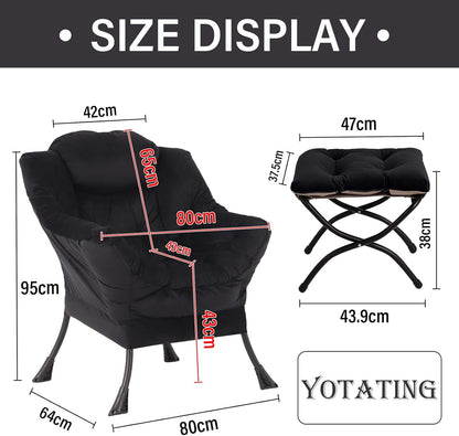 Comfortabele fauteuil met voetenbank, Lazy Chair met ottomane, vrijetijdsaccentstoel, relax-loungestoel met armleuningen en zijzak voor woonkamer, slaapkamer en kleine ruimtes, zwart
