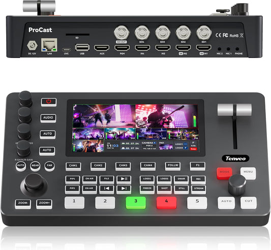 Tenveo Videomixer, 4K 60FPS Videoswitcher voor Livestreaming, 5,5" FHD-scherm, 4 SDI-ingangen en 4 HDMI-ingangen, 1080P 60FPS-uitgang, USB-opname （TEVO-ProCast-EU）