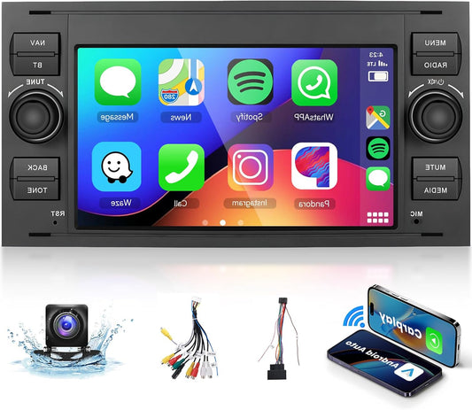 2G+64G Car Radio Android 13 für Ford Focus Fiesta C/S-Max Transit Galaxy Mondeo Connect, 9 Zoll HD Touchscreen mit Drahtlos Carplay Android GPS WiFi USB Bluetooth FM RDS Rückfahrkamera - QUORE
