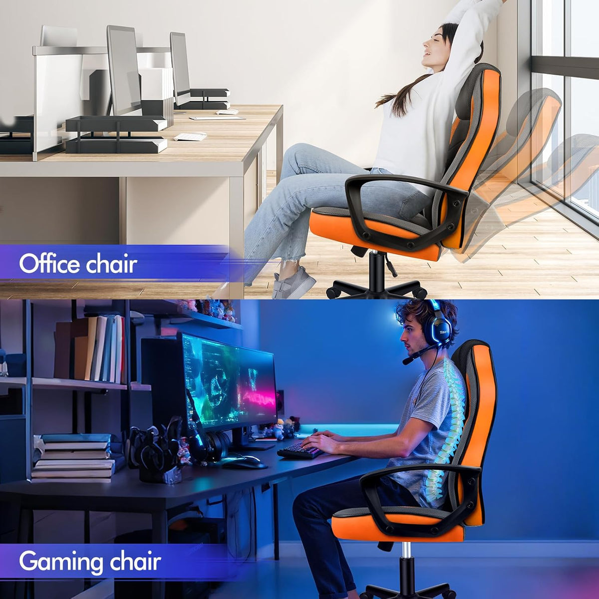 ALFORDSON Gamingstoel, PC-computer racestoel, ergonomische draaibare bureaustoel met wielen, gemaakt van PU-leer en stof, oranje, geschikt voor thuisgebruik