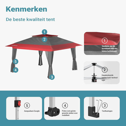 Wiltec opvouwbaar paviljoen partytent met muggennet tuinpaviljoen grijs-rood 3,92 x 3,92 m