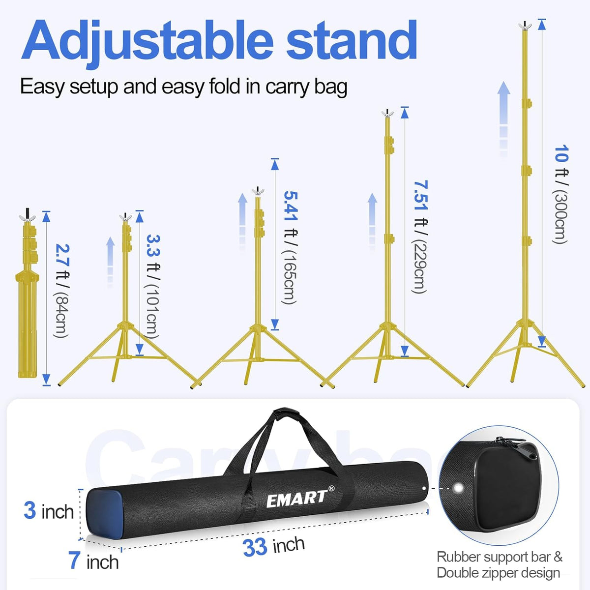 EMART Achtergrondstandaard 305 x 305 cm (B x H) verstelbare achtergrondstandaardset, 2 dwarsbalken, 8 klemmen, 2 zandzakken, draagtas voor feesten, decoratie, bruiloften en fotografie - titaniumgoud