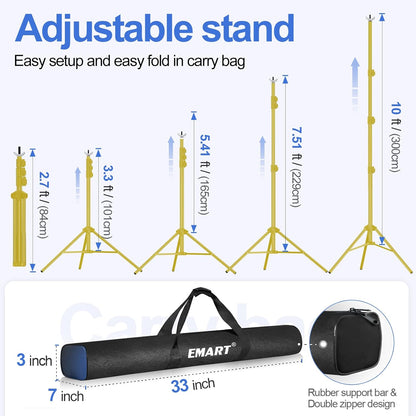 EMART Achtergrondstandaard 305 x 305 cm (B x H) verstelbare achtergrondstandaardset, 2 dwarsbalken, 8 klemmen, 2 zandzakken, draagtas voor feesten, decoratie, bruiloften en fotografie - titaniumgoud