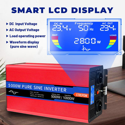 5000w Spanningsomvormer 24v 230v Zuivere Sinusomvormer met 2 EU-aansluitingen en USB, draadloze afstandsbediening, LCD-scherm