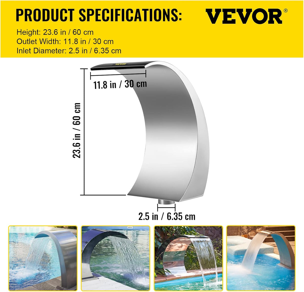 VEVOR Watervalfontein voor zwembad, roestvrij staal, vijverfontein met afmetingen 30 x 60 x 45 cm, zilveren zwembadfontein, gebogen design, hoge sterkte voor tuinvijver of zwembaden