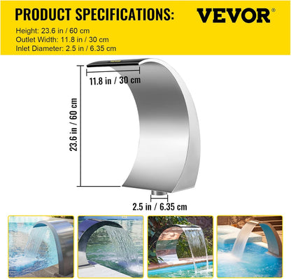 VEVOR Watervalfontein voor zwembad, roestvrij staal, vijverfontein met afmetingen 30 x 60 x 45 cm, zilveren zwembadfontein, gebogen design, hoge sterkte voor tuinvijver of zwembaden