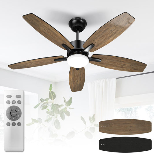 Mefine Plafondventilator met verlichting en afstandsbediening, stil, 106 cm, plafondventilatoren met led-lamp met 5 houten ventilatorbladen, houtnerf/zwart, voor slaapkamer en woonkamer, stangmontage