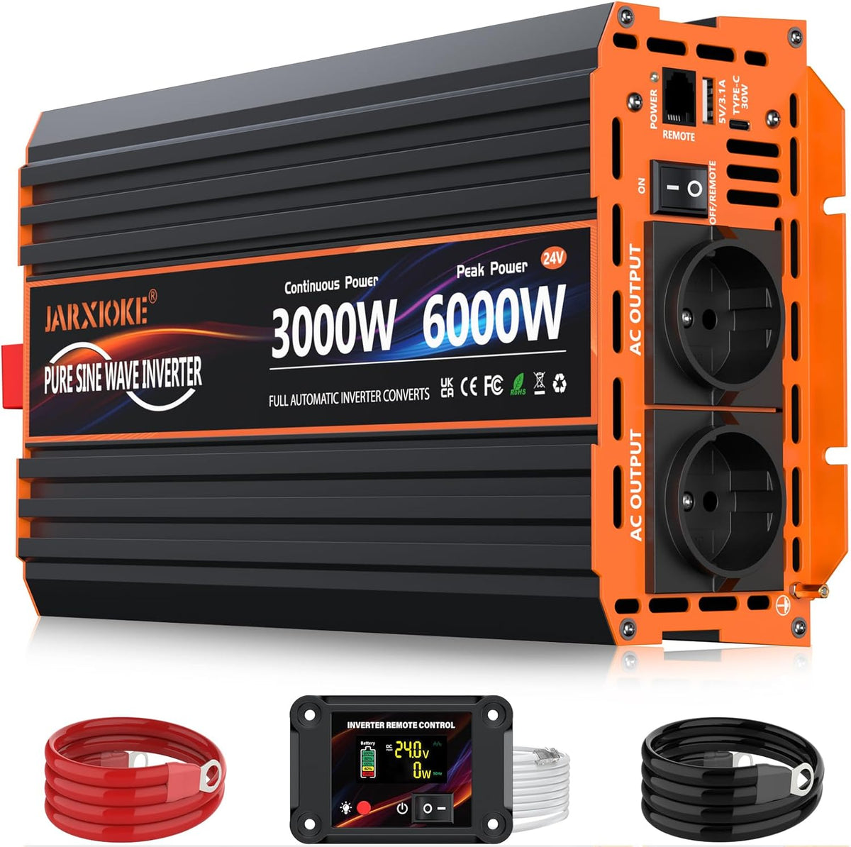 3000 W omvormer, 24 V naar 230 V, zuivere sinus, spanningsomvormer, omvormer met 2 EU-stopcontacten, 30 W USB-C, 5 V 3,1 A USB, lcd-afstandsbediening, voor caravans, vrachtwagens, zonne-energie