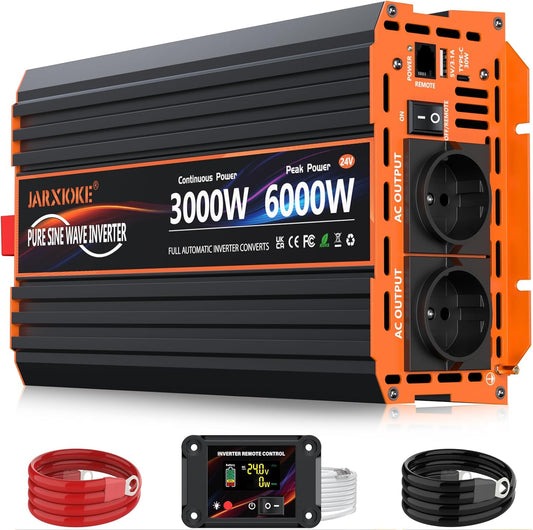3000 W omvormer, 24 V naar 230 V, zuivere sinus, spanningsomvormer, omvormer met 2 EU-stopcontacten, 30 W USB-C, 5 V 3,1 A USB, lcd-afstandsbediening, voor caravans, vrachtwagens, zonne-energie