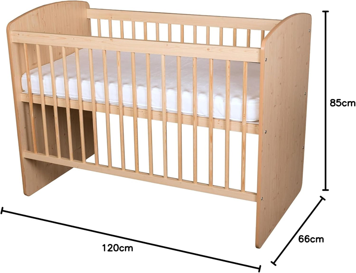 baby bed K2 natural wood 120 x 60 cm with slatted bed bed cot 3 levels adjustable in height - naturalPine wood & MDF - QUORE