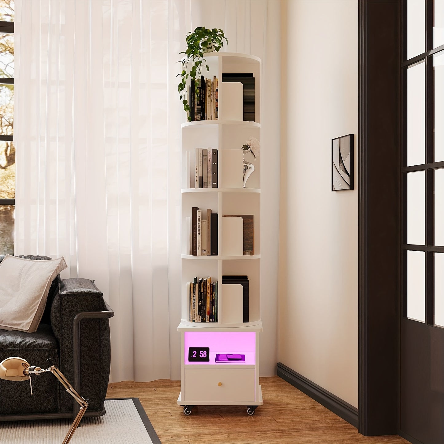 Draaibare Boekenkast – Boekplank – Boekenrek – Opbergkast – Boekhouder – 4 Planken Met Lade – 360° Draaibaar En Robuust Hout