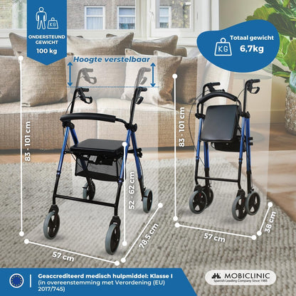 Rollator met 4 wielen | Opvouwbaar en verstelbaar | Met mand en remmen | Blauw | Hercules | Mobiclinic