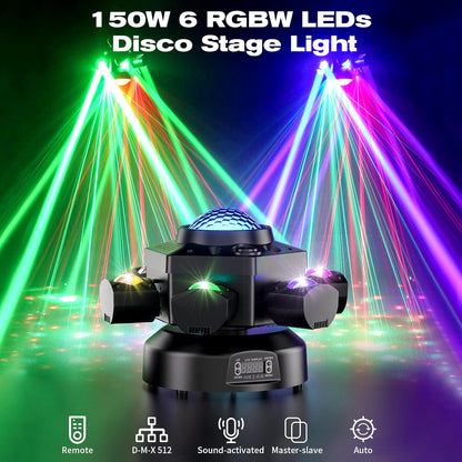 150 W podium bewegende koplamp, 6 leds 4-in-1 d-mx512 Beam stroboscoop RGBW kleurenmix sterrenhemel en Magic Ball effecten X-as 540° met afstandsbediening voor bruiloftsfeesten, theater en DJ's