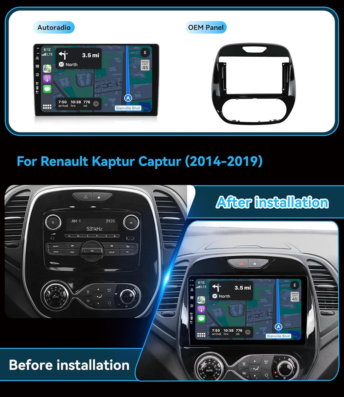 MSD 6G + 128G - Autoradio Voor Renault Kaptur Captur (2014-2019) | Android 15 GPS Navi Radio | CarPlay Android Auto Stuurwiel Dual-Band WiFi DSP Dab 4G Bluetooth | MIC Camera | Octa-Core 2 Din 9 Inch