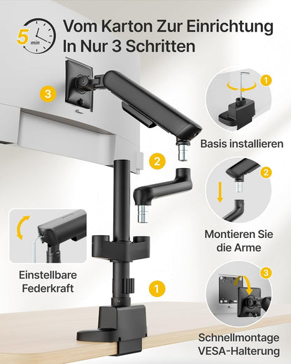 monTEK Monitorhouder 2 monitoren voor 17-35 inch beeldschermen tot 11 kg, hoge monitorarm met USB, 360° draaibaar, monitorhouder met kantelen, draaien, VESA 75/100, MA1011UCPBK-D