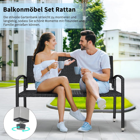 Tuinbank - Buitenbank - Terrasbank - Balkonbank - 2-zitsbank - met Staal Frame - Armsteunen - Tuinmeubelen - voor Tuin - Terras - Balkon - Polyrotan - 122 x 60 x 85 cm - Zwart